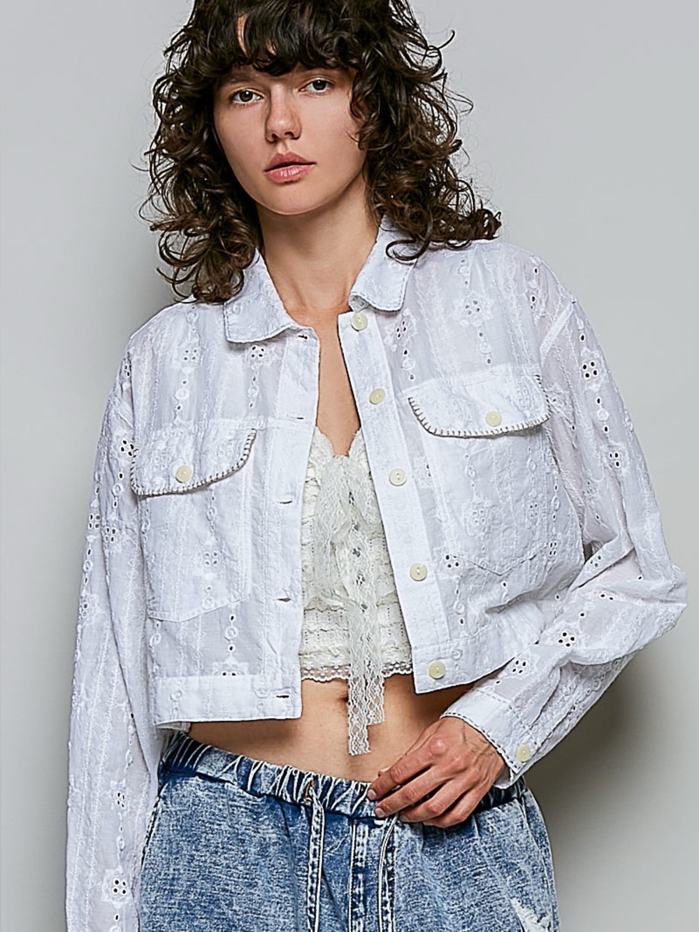 POL Cropped Button-Front Eyelet Cotton Jacket